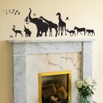 Small Fireplace under Marble Mantel Piece and Black Animal Wall Decal on Cream Wall