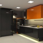 Small Modern Kitchen Design Ideas with Grey Counter and Orange Floating Cabinet on Grey Painted Wall