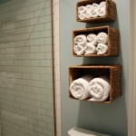 Small Wicker Boxes using Brilliant Bathroom Wall Shelving Ideas on Grey Painted Wall beside Shower Room