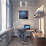 Small Workspace Designs with Grey Swivel Chair and Stylish Computer Desk facing Stone Wall