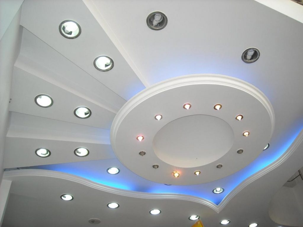 Sophisticated Blue LED Lighting for Fall Ceiling Designs on White Ceiling in Modern Room