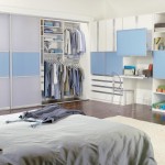 Spacious Bedroom with Stylish Closet Doors Ideas and Floating Desk near Acrylic Chair