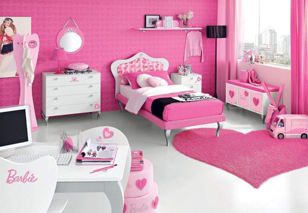 Spacious Pink Bedroom Ideas for Girls with White Dresser and Storage Bench near Heart Shaped Carpet