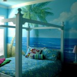 Stunning Beach Wall Decal in Beach Bedroom Themes with White Canopy Bed and Blue Flowery Bedding