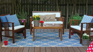Stunning Blue Carpet on Wooden Deck with Oak Blue Deck Furniture near Wooden Fence