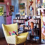 Stunning Bohemian Apartment Decorating Ideas with Cozy Armchair and Wooden Shelves beside Colorful Wall Painting