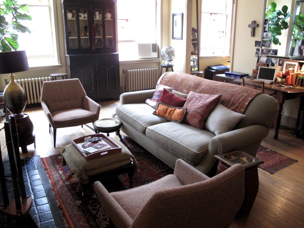 Stunning Cream Armchairs and Grey Sofa in Comfortable Living Room Ideas with Traditional Carpet