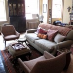 Stunning Cream Armchairs and Grey Sofa in Comfortable Living Room Ideas with Traditional Carpet