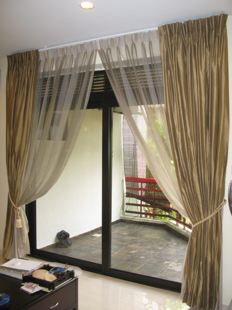 Stunning Thick Brown and Sheer Curtains for Sliding Glass Doors in Sitting Area with Oak Table