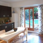 Stylish Curtains for Sliding Glass Doors beside Kitchen with Oak Counter and Floating Cabinet facing Long Table