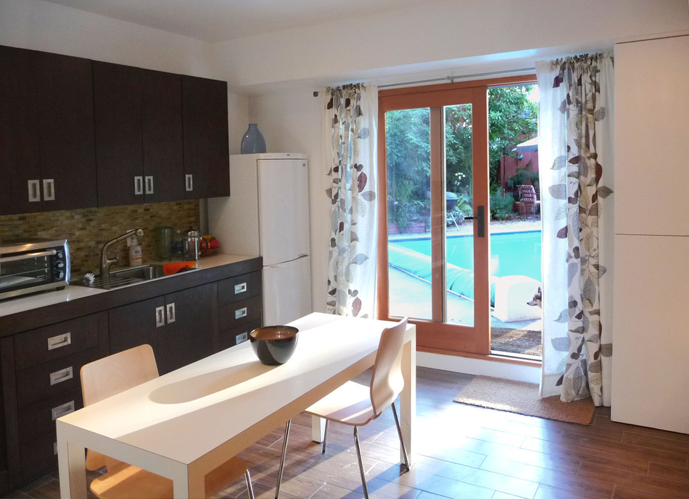 Stylish Curtains for Sliding Glass Doors beside Kitchen with Oak Counter and Floating Cabinet facing Long Table