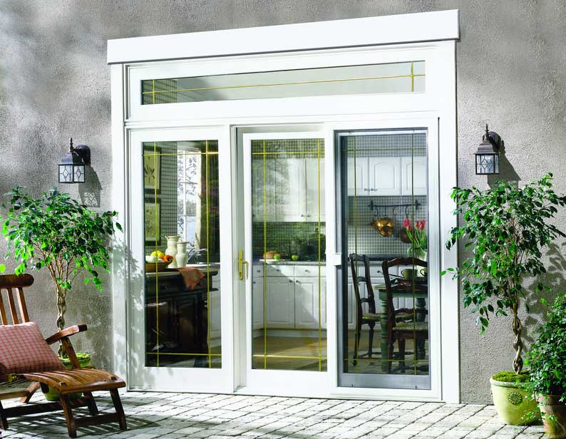 Stylish Design for White French Door Options between Small Metal Wall Lamps on Concrete Wall