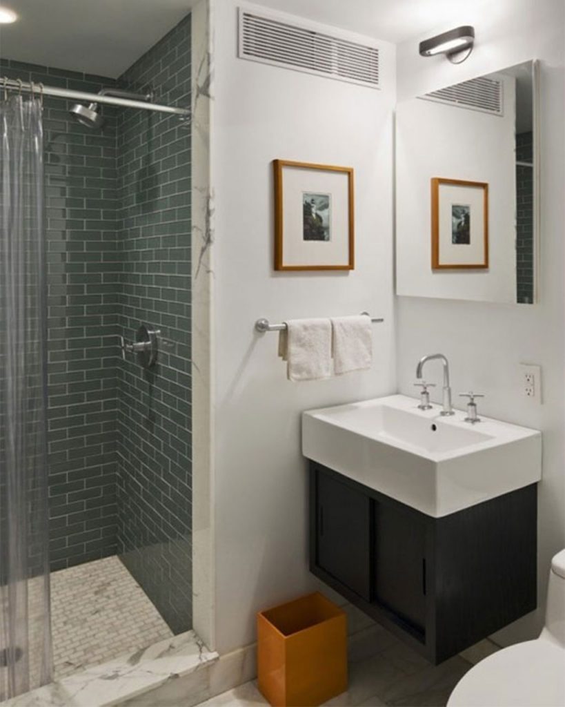 Stylish Grey Tile Wall in Cozy Shower Area near Floating Vanity inside Small Bathroom Design Ideas