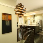 Stylish Kitchen near Modern Dark Staircase under Modern Pendant Lighting Fixtures with Unusual Design