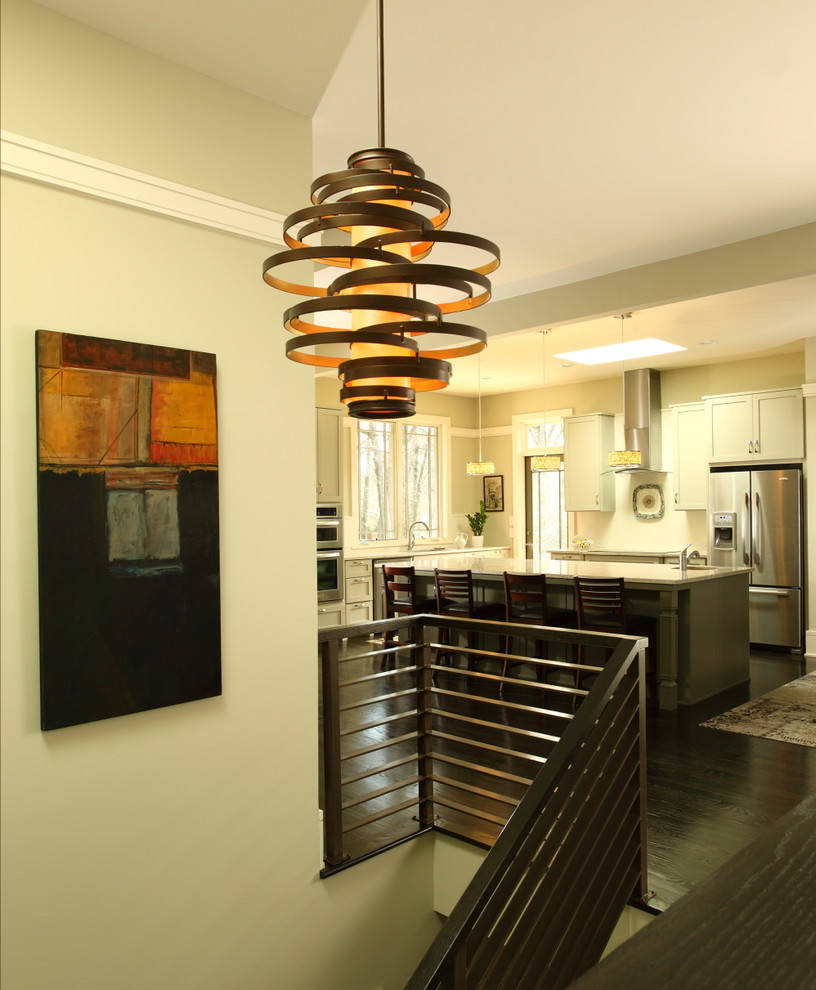 Stylish Kitchen near Modern Dark Staircase under Modern Pendant Lighting Fixtures with Unusual Design