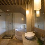 Stylish Room with Glass Shower Room and White Bathroom Corner Bath Ideas near Modern Vanity
