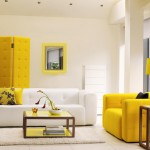 Stylish Yellow Interior Design Ideas for Sitting Area with White and Yellow Sofas near Small Coffee Table