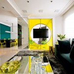 Superb Dark Sofa and Mirrored Table for Stylish Yellow Interior Design Ideas in Modern Living Room