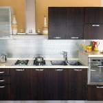 Superb Grey Backsplash under Oak Floating Cabinets in Small Modern Kitchen Design Ideas with Teak Counter