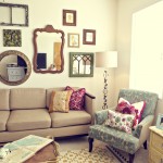 Superb Wall Mirrors on White Painted Wall used in Eclectic Living Room Design Ideas with Brown Sofa