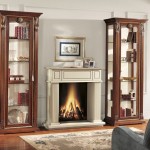 Superb White Fireplace between Gorgeous Wooden Cabinet with Glass Doors and Artistic Carving on Hardwood Flooring