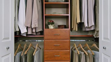Tidy Clothes on Glossy Hangers inside Fabulous Closet Ideas for Small Bedrooms with Wooden Drawers and Shelves