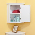 Tiny Floating Corner Bathroom Cabinet in White Color with Tidy Shelves on Cream Painted Wall