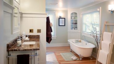 Traditional Bathroom with White Vanity and Bathtub near Classic White Corner Bathroom Cabinet Ideas