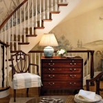 Traditional House Interior with Oak Cabinet and Antique Wooden Chair Designs near Curve Staircase
