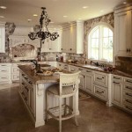 Unique Backsplash and Arched Window for Appealing Tuscan Kitchen Design Ideas with Traditional Chandelier