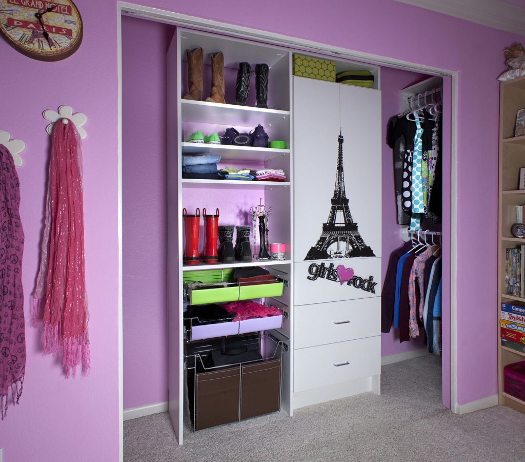 Unique Eiffel Tower Detail on White Closet Doors Ideas in Simple Closet for Girl Bedroom