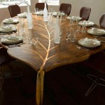 Unique Leaf Shaped Table Top for Rustic Dining Room Furniture with Stylish Wooden Chairs on Laminated Flooring
