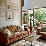 Unique Pattern on Brown Sofas in Eclectic Living Room Design Ideas with Interesting Table on Appealing Carpet