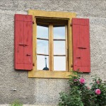 Unusual Pink Exterior Window Shutters for Wood Framed Glass Windows on Grey Concrete Wall