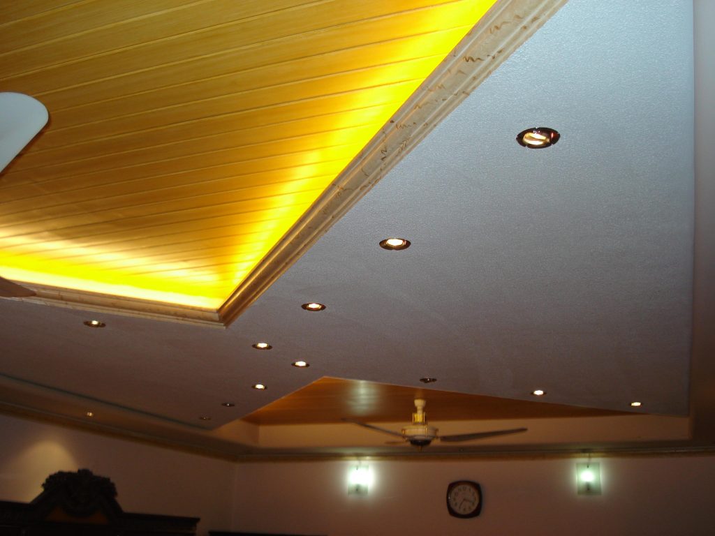 Unusual Yellow LED Lamp on Fall Ceiling Designs for Wide Room with White Painted Wall