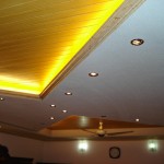 Unusual Yellow LED Lamp on Fall Ceiling Designs for Wide Room with White Painted Wall