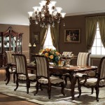 Vintage Country Dining Room Furniture under Classic Wide Chandelier inside Wide Dining Area with Grey Carpet