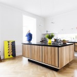 Wide Wooden Island for Swedish Kitchen Design Ideas with Floating Counter and Long White Wall Shelf