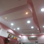 Wonderful Fall Ceiling Designs with Bright Planted Ceiling Lamps and Unusual Details near Pink Wall