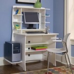 Wonderful White Chair and Computer Desk Ideas for Small Spaces with Simple Shelves on Oak Flooring