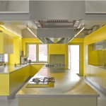 Wonderful Yellow Interior Design Ideas for Kitchen with Long Island and Yellow Cabinets beside Windows