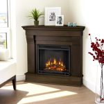 Beauteous Brown Touches for Corner Electric Fireplace Design with Cute Planter at the Attic