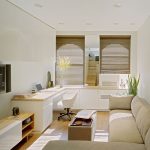 Comfy Cream L Shaped Sofa and Desk Design at Studio Apartment Furniture for Living Space Inspiration