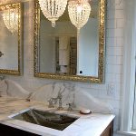 Divine Small Crystal Chandelier Design Brightening Marble Vanity Sinks and Two Mirrors