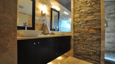 Imposing Double Vaulted Washbowls for Modern Vanity Cabinets Ideas Enlightened by Wall Lamps