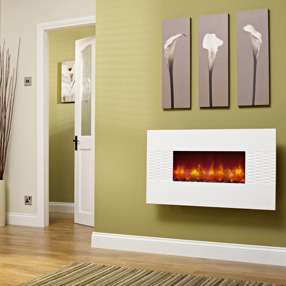 Incredible White Electric Fireplace Design with Paint Tying on Green Painted Wall Ideas