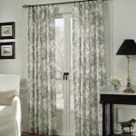 Interesting  French Door Curtains with Black Holder Design Between White Living Seat and Black Table Lamp