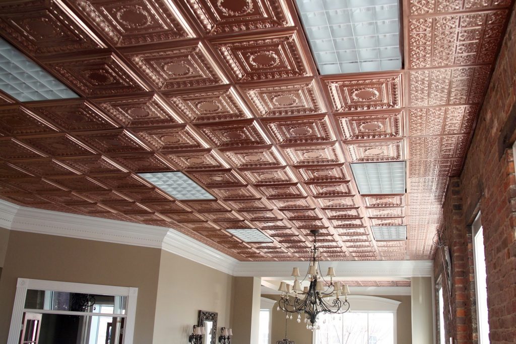 Magnificent Brown Decorative Ceiling Tiles feat Rectangular Lamps and Chandelier Installation