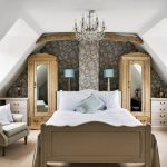 Marvelous Master Bedroom Enchanted by Floral Wallpaper and Small Crystal Chandelier Installation