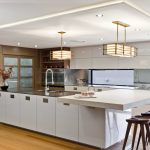 Prepossessing Japanese Kitchen Designs Exposing Pendant Lamps above U Shaped Island with Flower